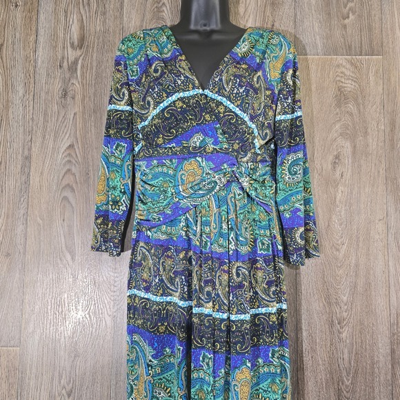 Julian Taylor NEW YORK Paisley Midi Dress Size 8 Blue Green Black‎ Long Sleeve - Picture 10 of 12